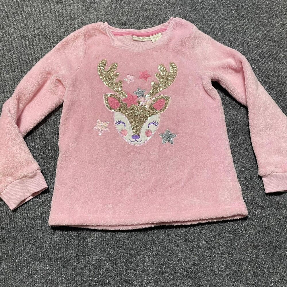Cynthia Rowley Sweater Girls Medium 7/8 Pink Fuzzy Reindeer Sequin Holiday Top